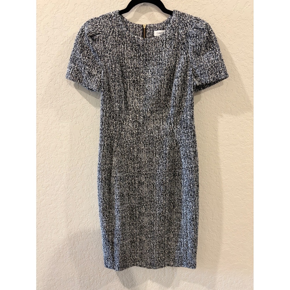 Calvin Klein Navy White Tweed Sheath Dress Short Sleeve Gold Zip Size 4